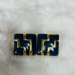 Vintage Signed Monet Navy Blue Enamel Gold Tone  Geo Zig Zag Clip On Earrings
